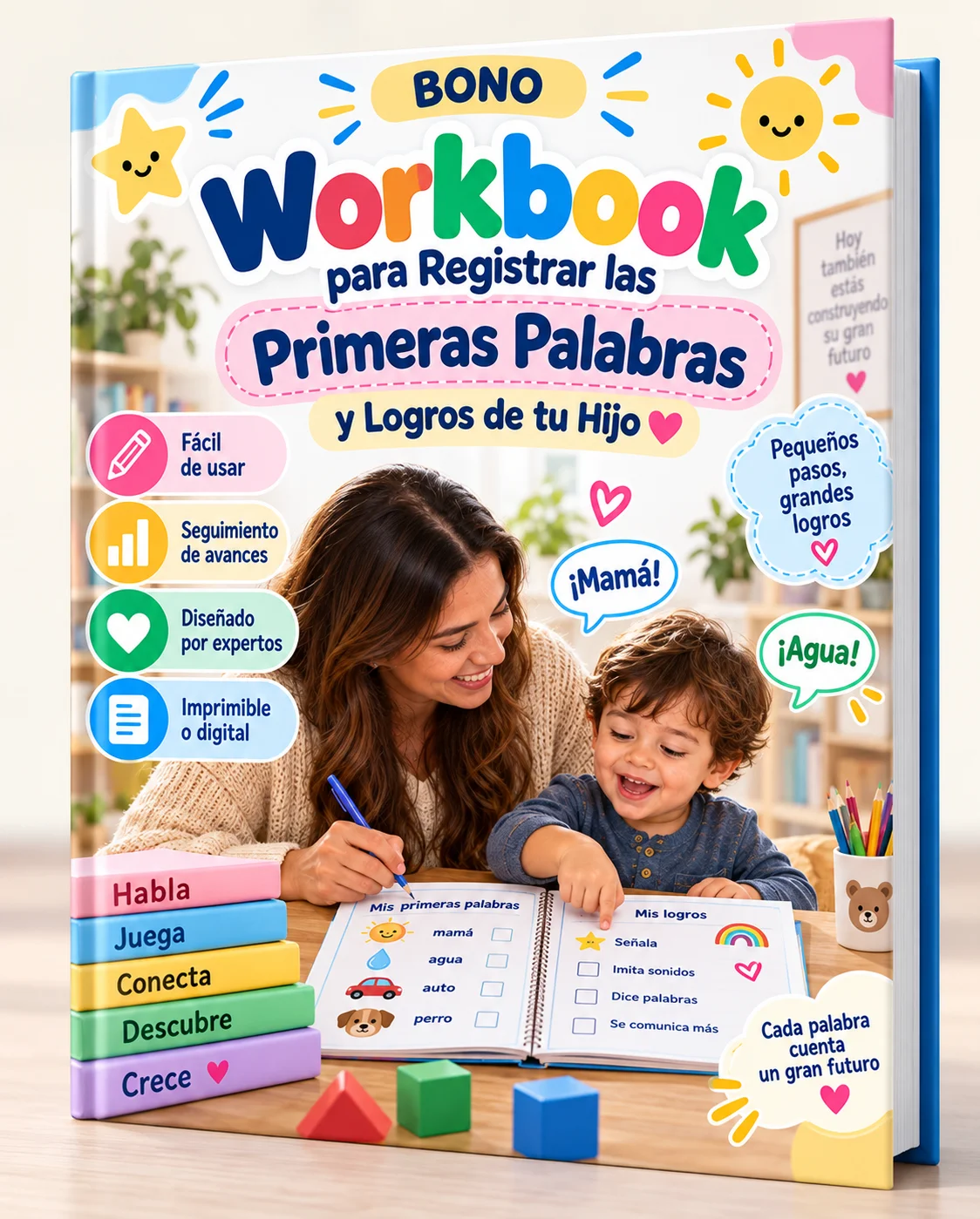 Mockup del bono Workbook para registrar primeras palabras y logros